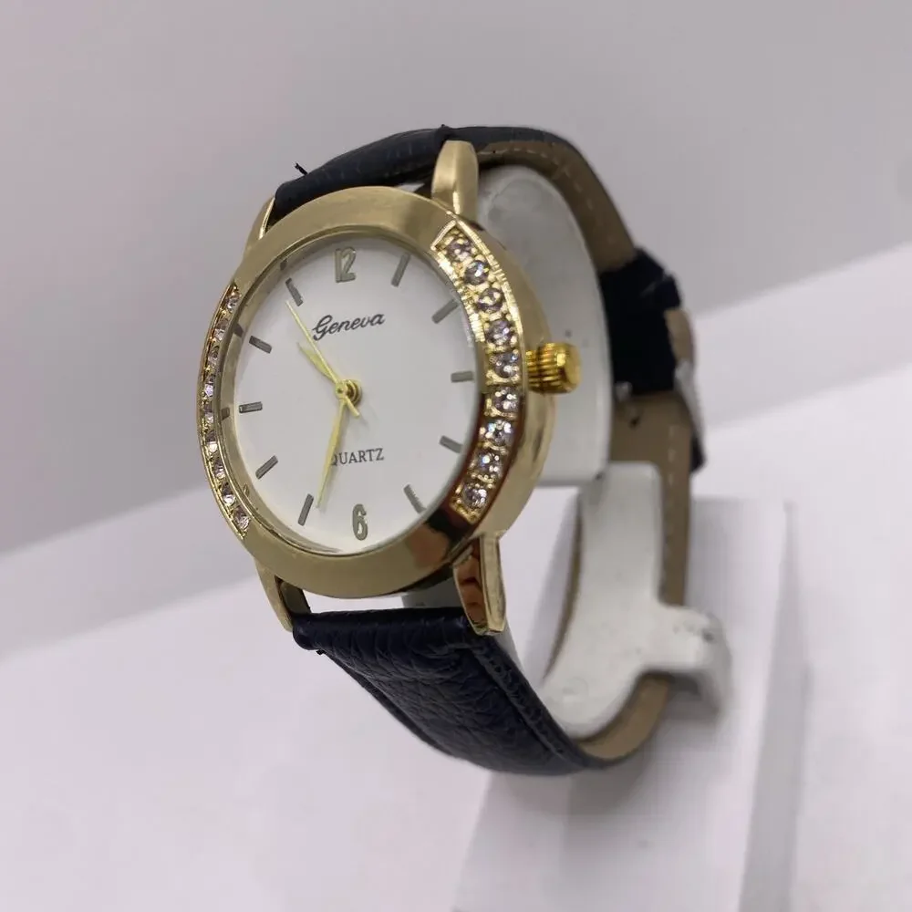 Geneva Gold Tone Rhinestone Black Leather Watch New Battery